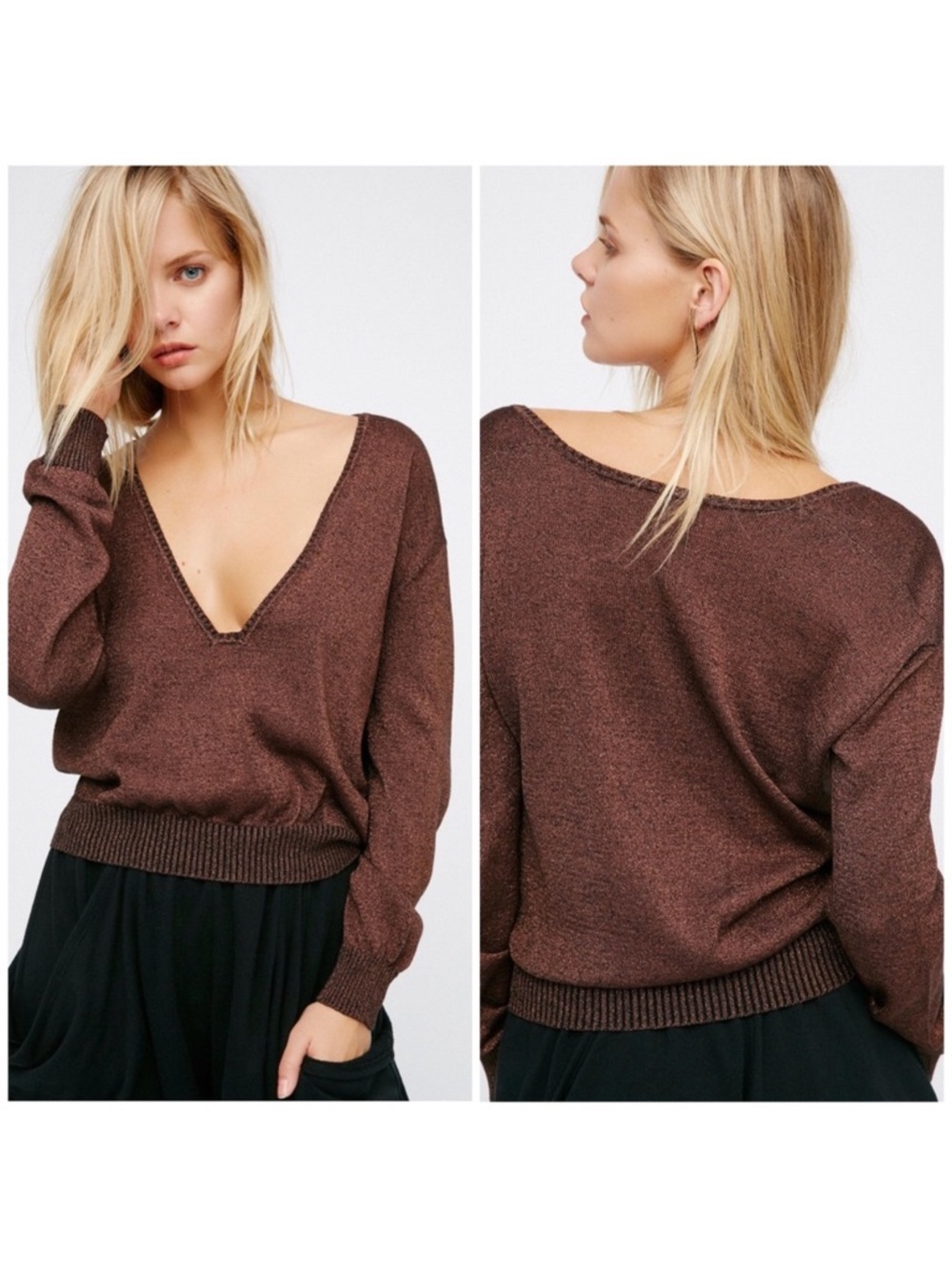 Free People Gold Dust Pullover Sweater - Metallic Copper Shimmer V-Neck - S